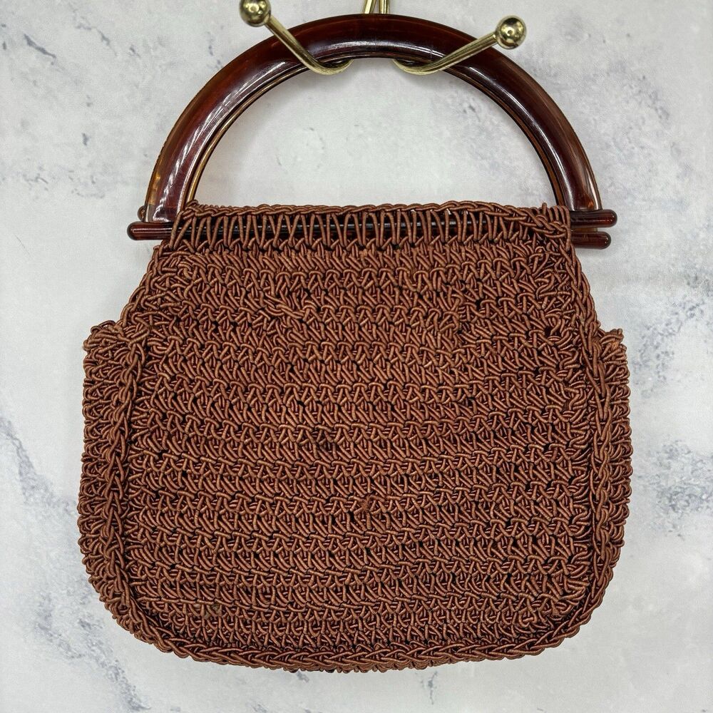 Vintage 60s Macrame Handbag Purse Lucite Handles Made In Italy Retro Hippy chic - Picture 4 of 16
